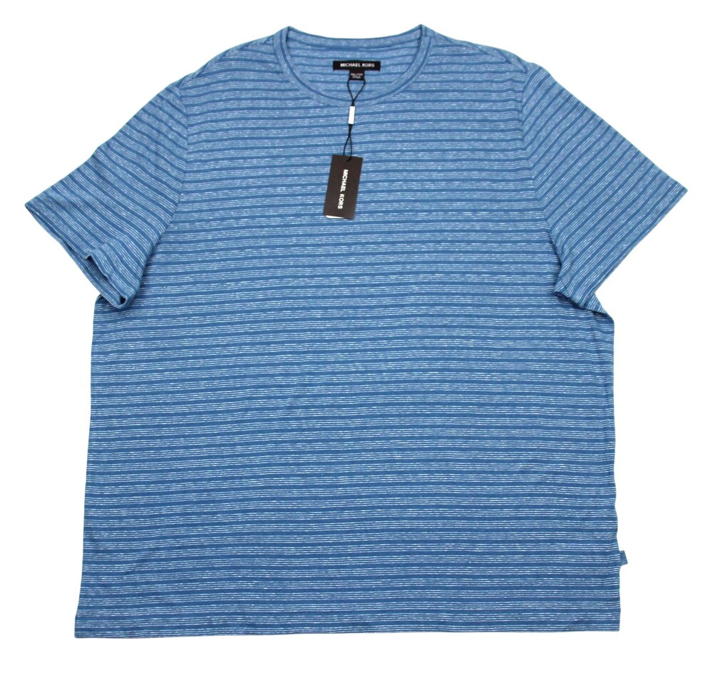 Michael Kors Shirt Mens 2XL Steel Blue Striped Linen Cotton Crew Neck Tee NWT